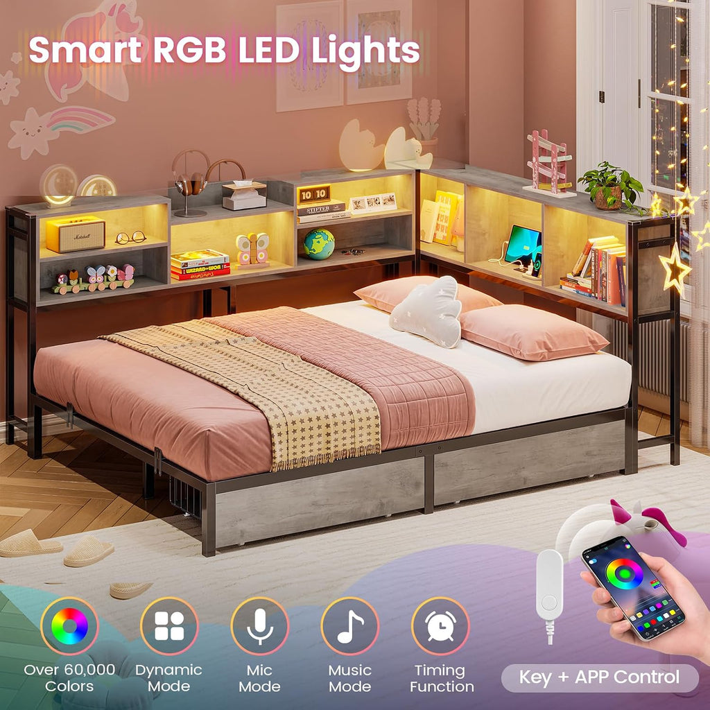 Hasuit Full Corner Bed Frame with Storage Bookcase, Full Size Daybed with 2 Underneath Storage Drawers, Kids Bed Unit with Charging Station and LED Light, Modern Teenagers Bedframe, Oak Gray