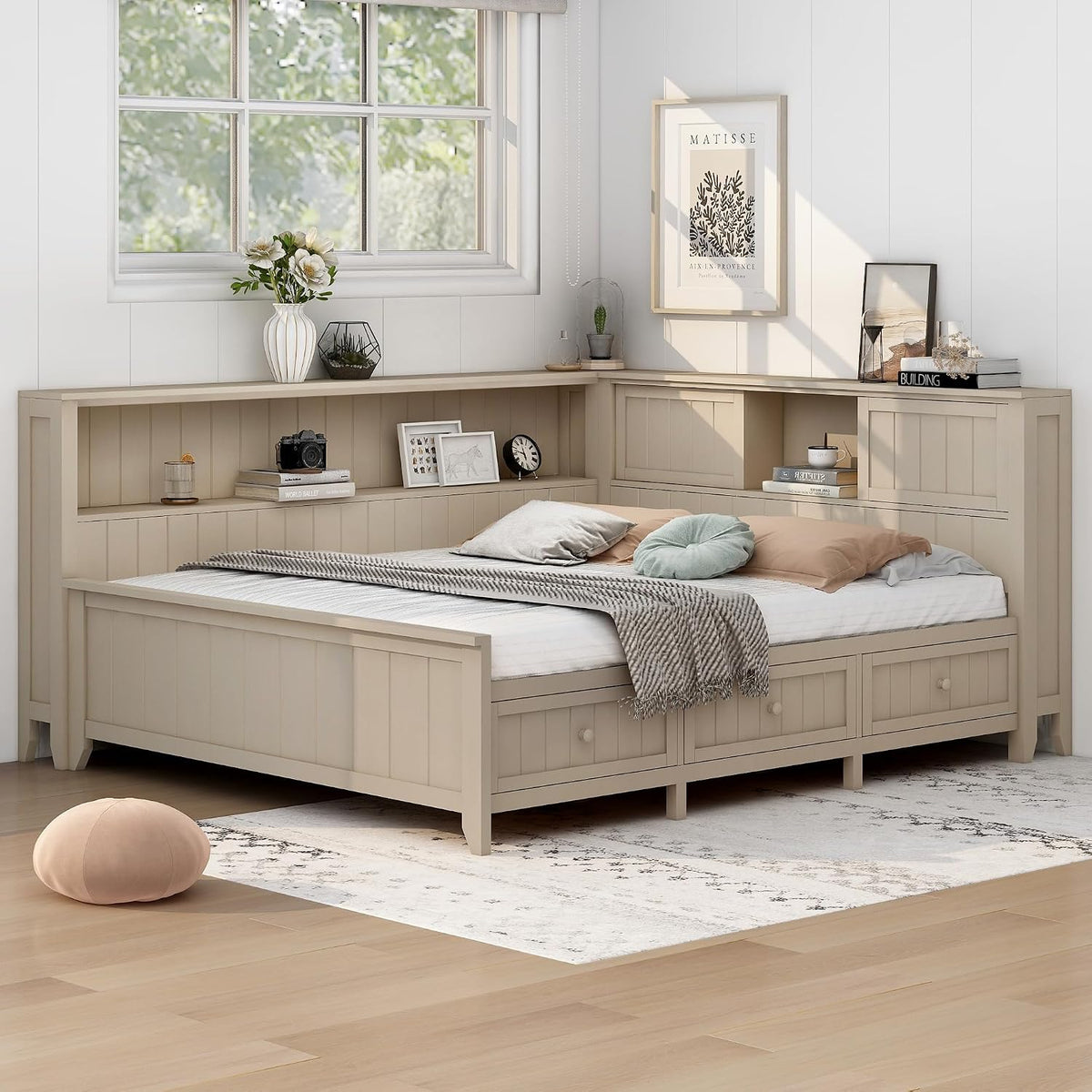 Merax Corner Full Bed Frame with Bookcase Storage, Wood Platform Bed Frame with 3 Drawers, Full Size Daybed with Storage for Living Room,Bedroom,Guest Room, Antique White