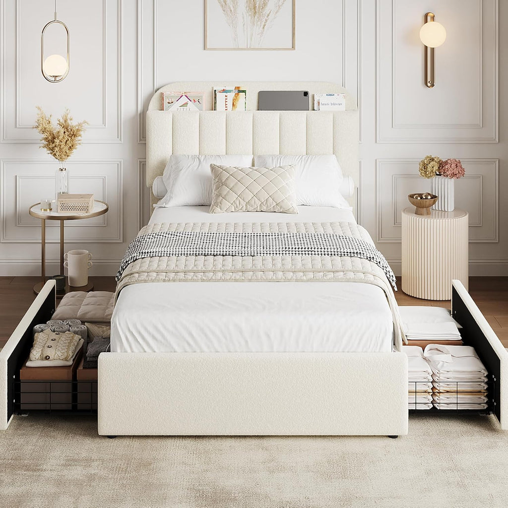 GarveeHome Twin Bed Frame with Storage Headboard, Kids Bed Frame with 2 Drawers, Boucle Upholstered Platform Bed with Bookcase, No Box Spring Needed, Easy Assembly, Ivory White