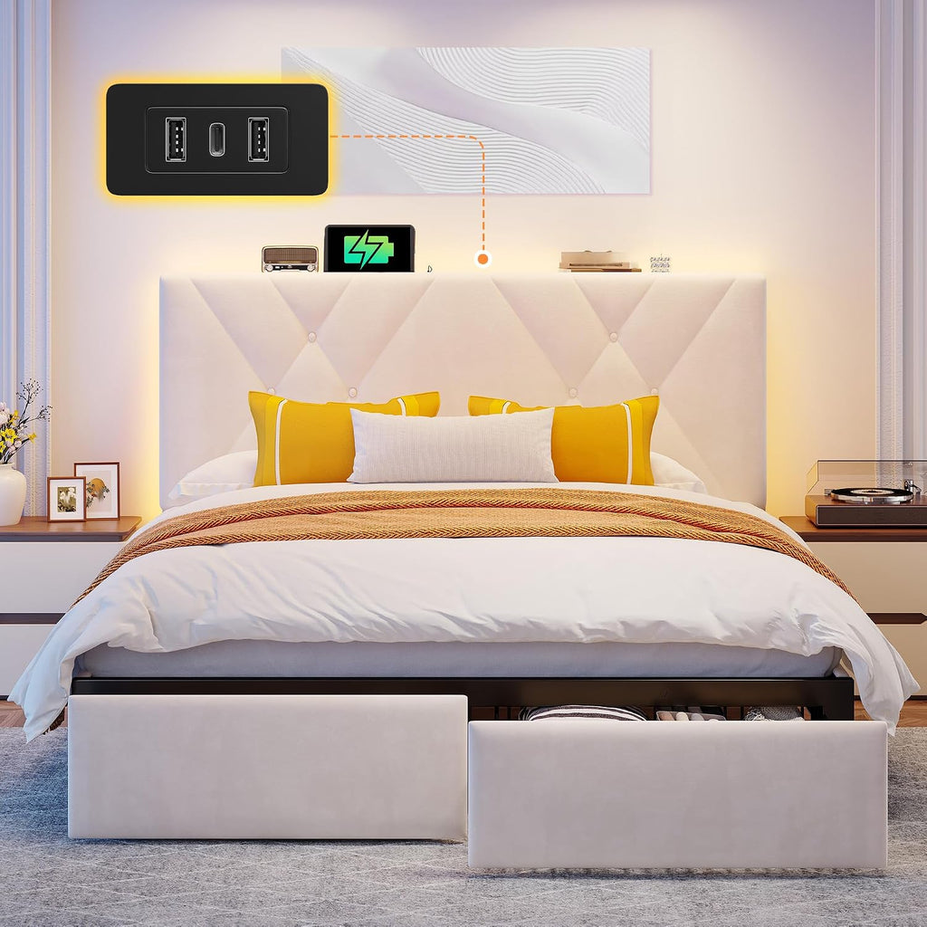 EnHomee Queen Bed Frame with 2 Drawers, Upholstered Headboard with Charging Station, Button Tufted Velvet Bed Frame and LED Lights, No Box Spring Needed,Easy Assembly，Beige