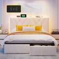 EnHomee Queen Bed Frame with 2 Drawers, Upholstered Headboard with Charging Station, Button Tufted Velvet Bed Frame and LED Lights, No Box Spring Needed,Easy Assembly，Beige