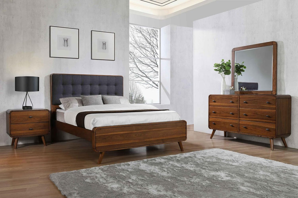 Coaster Home Furnishings Robyn Contemporary 4-Piece Bedroom Set Fabric Upholstered California King Size Panel Bed Frame 53-inch Headboard Dark Walnut 205131KW-S4