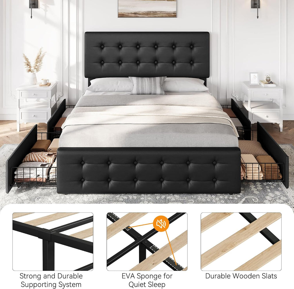GarveeHome Full Size Bed Frame with 4 Storage Drawers and Headboard, Faux Leather Upholstered Platform Bed Frame with Wooden Slats Support, Button Tufted Design, No Box Spring Needed, Black