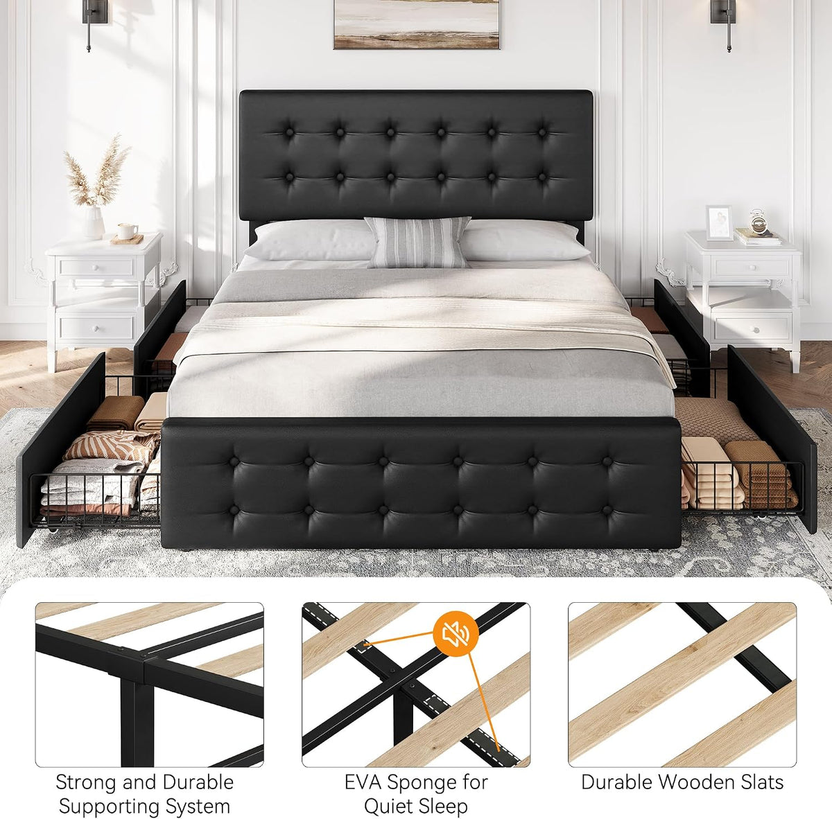 GarveeHome Full Size Bed Frame with 4 Storage Drawers and Headboard, Faux Leather Upholstered Platform Bed Frame with Wooden Slats Support, Button Tufted Design, No Box Spring Needed, Black