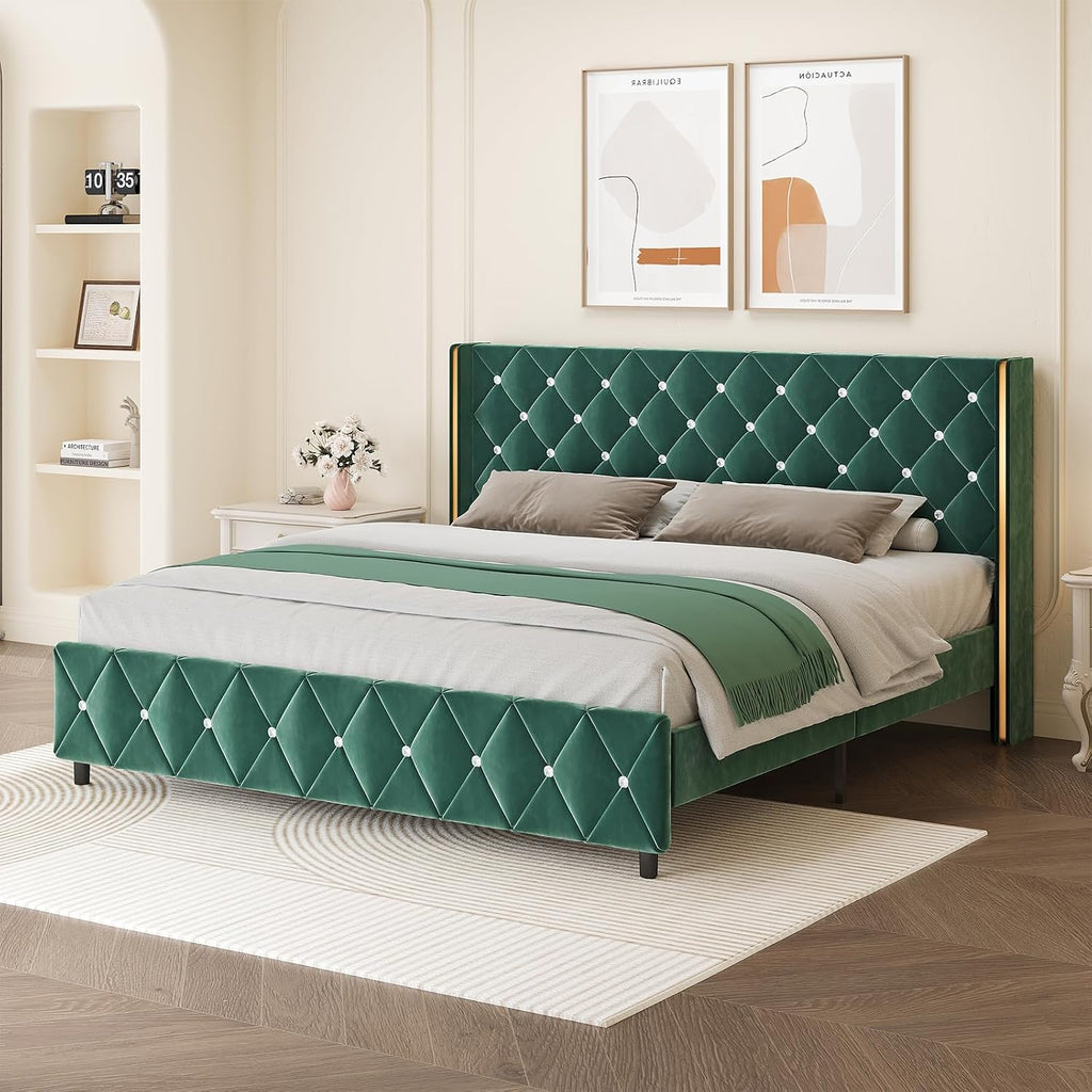 HOMBCK King Size Bed Frame with Headboard, Upholstered Platform Bed with Wingback Design, Modern Diamond Bed Frame with Tufted Deep Button, No Box Spring Needed, Easy Assembly, Green