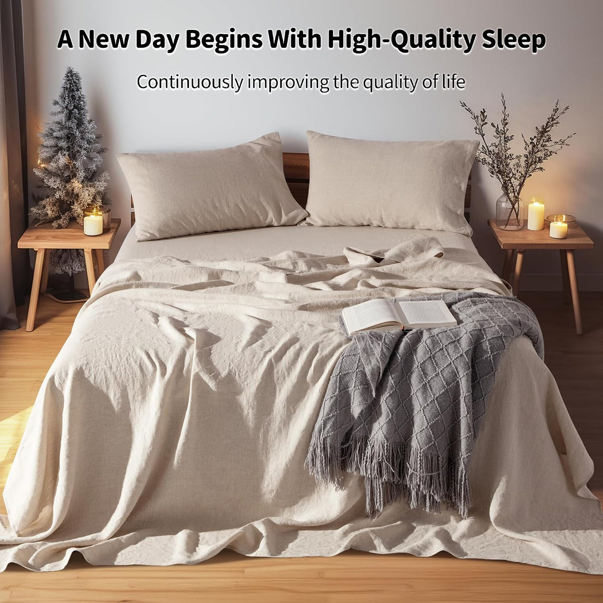 LBRO2M 100% Pure Linen Sheet Set Deep Pocket Up to 16' Bed Sheets Sets, Natural Flax Beddings Soft, Breathable, Comfortable for All Seasons 4 Pcs Sheet Set Full Size, Linen