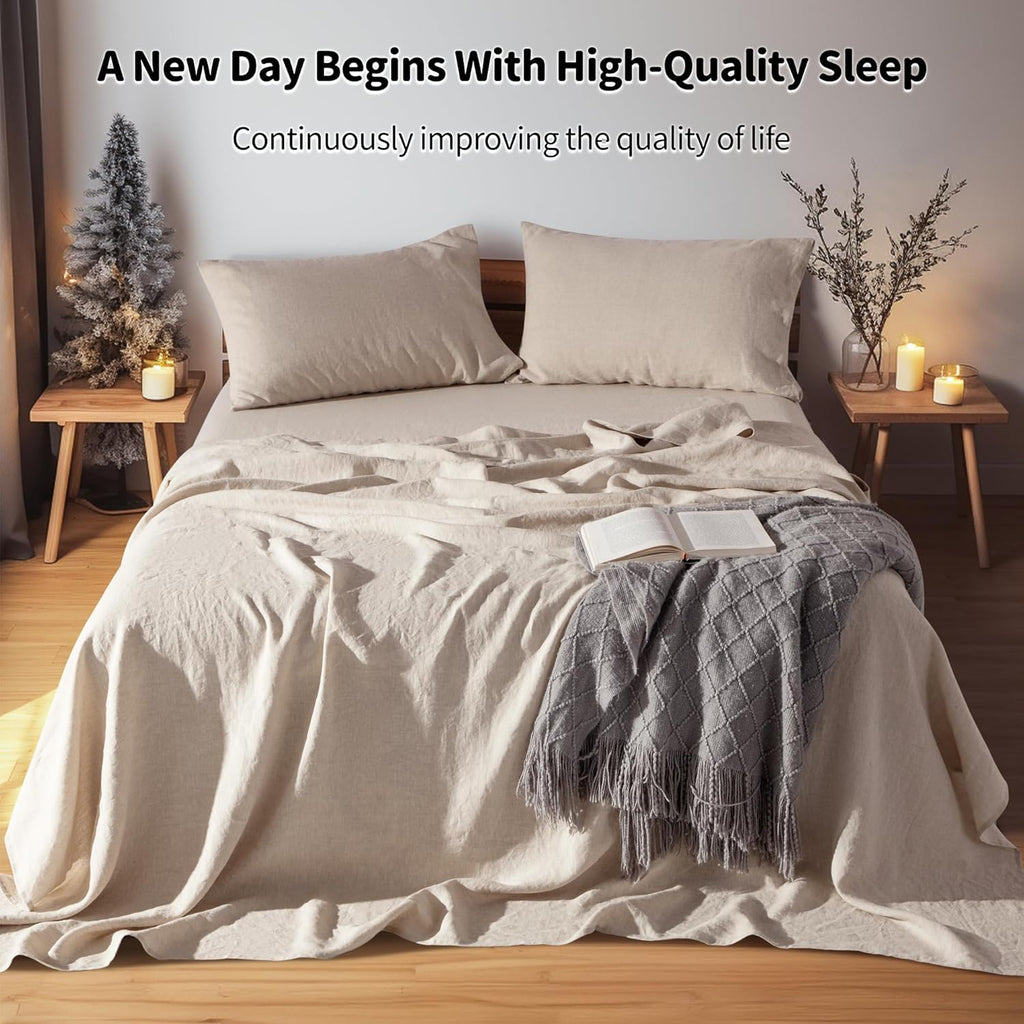 LBRO2M 100% Pure Linen Sheet Set Deep Pocket Up to 16' Bed Sheets Sets, Natural Flax Beddings Soft, Breathable, Comfortable for All Seasons 4 Pcs Sheet Set California King Size, Linen Color