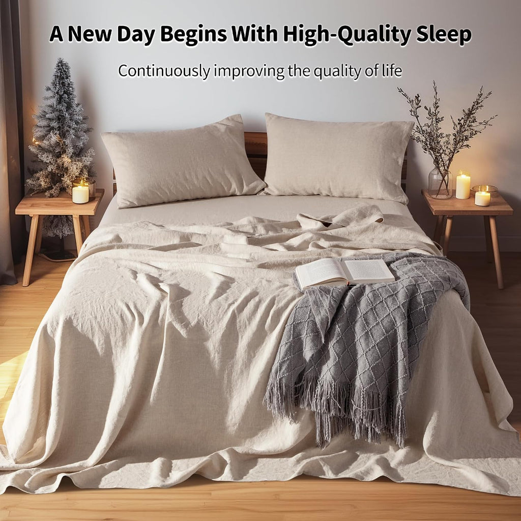 LBRO2M 100% Pure Linen Sheet Set Deep Pocket Up to 16' Bed Sheets Sets, Natural Flax Beddings Soft, Breathable, Comfortable for All Seasons 4 Pcs Sheet Set Queen Size, Linen
