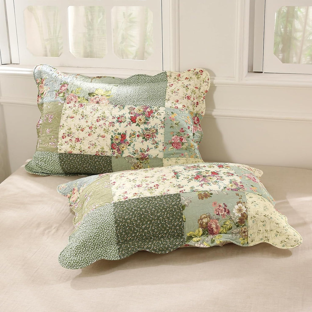 vctops Boho Patchwork Cotton Quilted Bedspread Quilt Set King Size 3 Pieces Soft Reversible Lightweight Coverlet Set Floral Print 1 Quilt and 2 Pillow Shams (Green D,King)