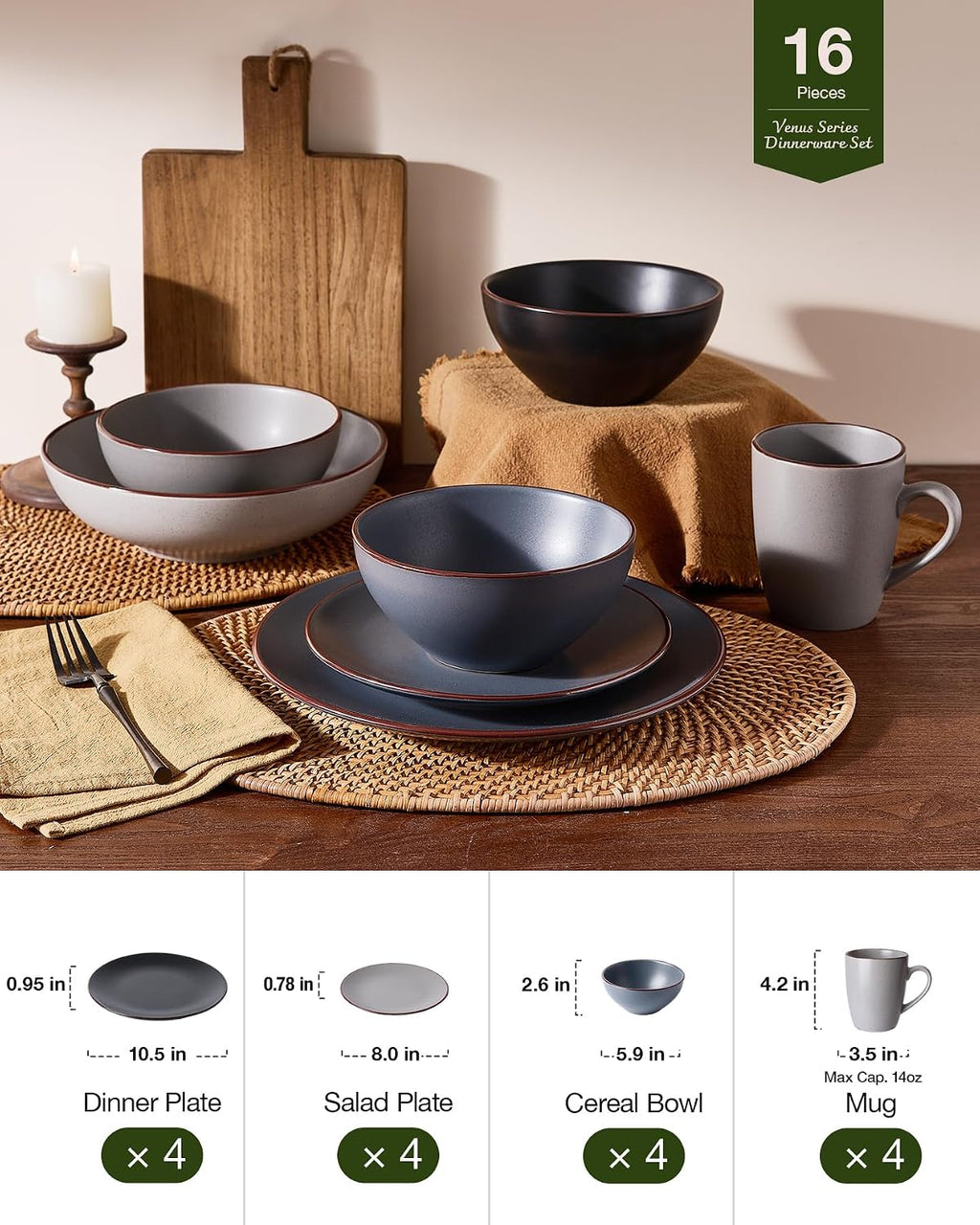 Famiware Venus 16-Piece Stoneware Dinnerware Sets with Mugs, Plates, Bowls, Service for 4, Matte Multicolor - Chip‑Resistant Dish Set for Everyday & Formal & Party Use, Microwave & Dishwasher Safe