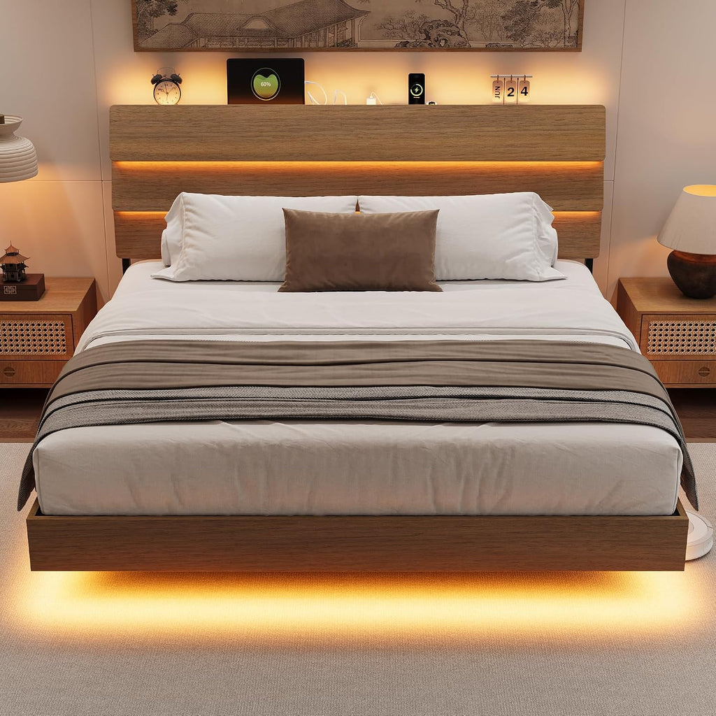 Einhomn King Size Bed Frame with LED Headboard, Floating Design with Charging Station USB Type-C and V-Shaped Support, Metal Frame, No Box Spring Needed, Noise Free, Easy Assembly, Walnut