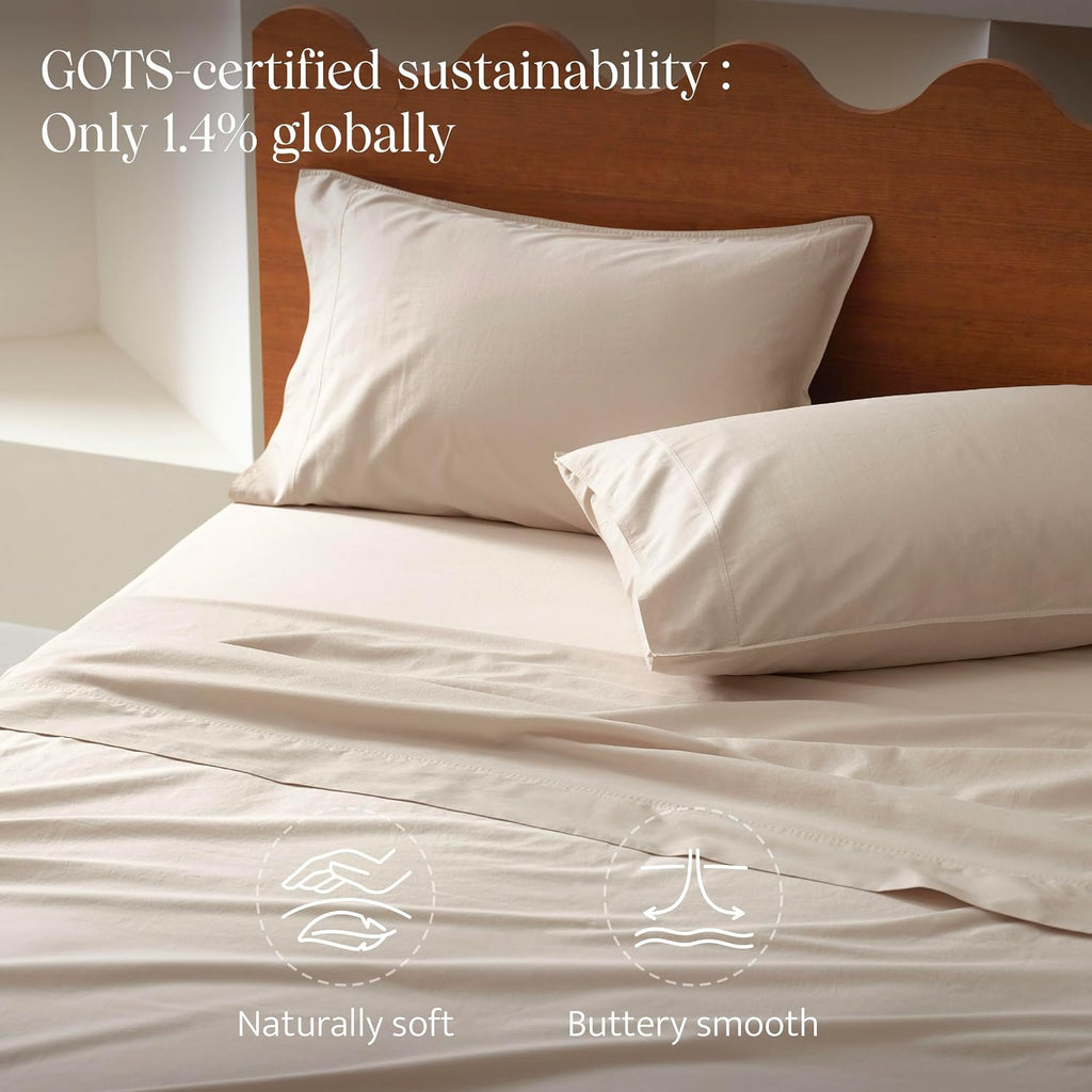 Double Stitch 100% Organic Cotton Sheets, King Size Sheets Set, GOTS Certified Long Staple Cotton Bedsheets, Luxury & Soft Hotel Bed Sheets with 16 inches Deep Pocket, Made in India Beige