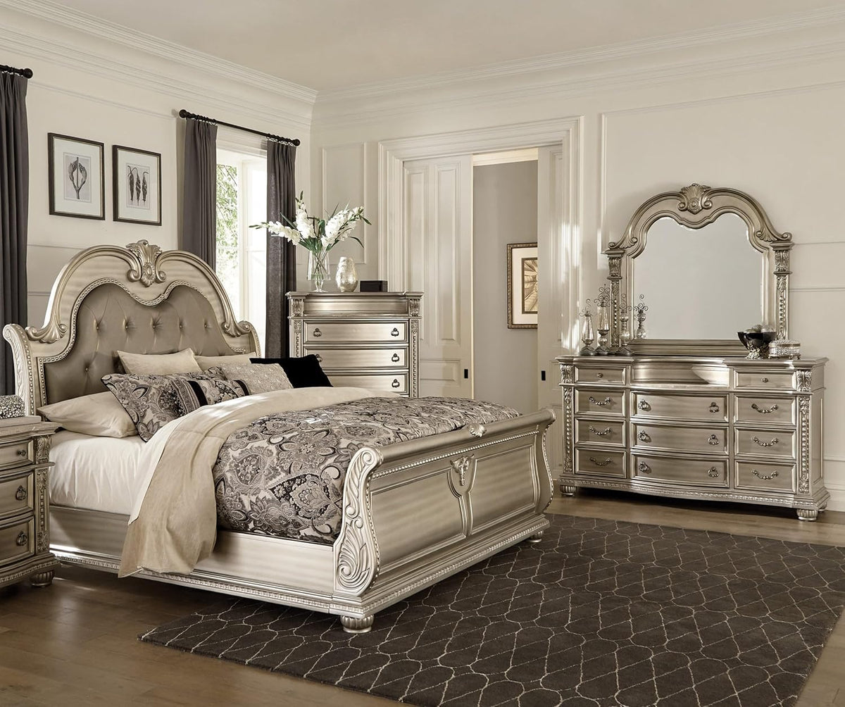 Classic Traditional Bedroom 4pc Set King Size Upholstered Bed Silver Finish Marble Top Formal Wooden Furniture