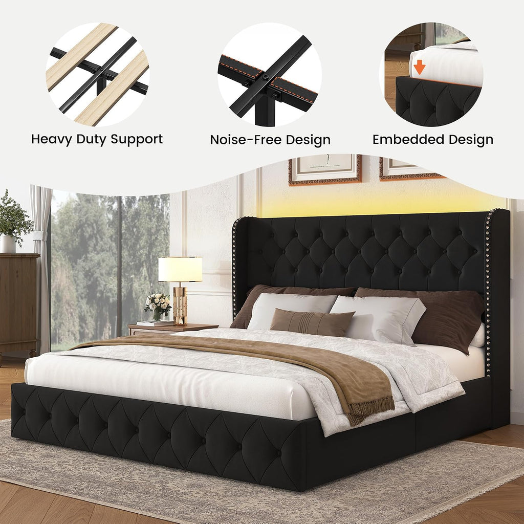 LARMACE King Size Bed Frame with LED Lights and 4 Storage Drawers Velvet Upholstered Platform Bed Frame with 47.2' Tall Tufted Headboard Wingback, No Box Spring Needed, Easy to Assemble, Black