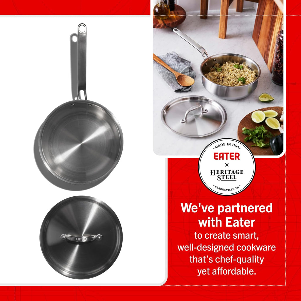 Heritage Steel x Eater 3 Quart Saucier with Lid | Made in USA | 5-Ply Fully Clad Stainless Steel Pan | Stay Cool Handle Design | Induction Capable & Non-Toxic Cookware