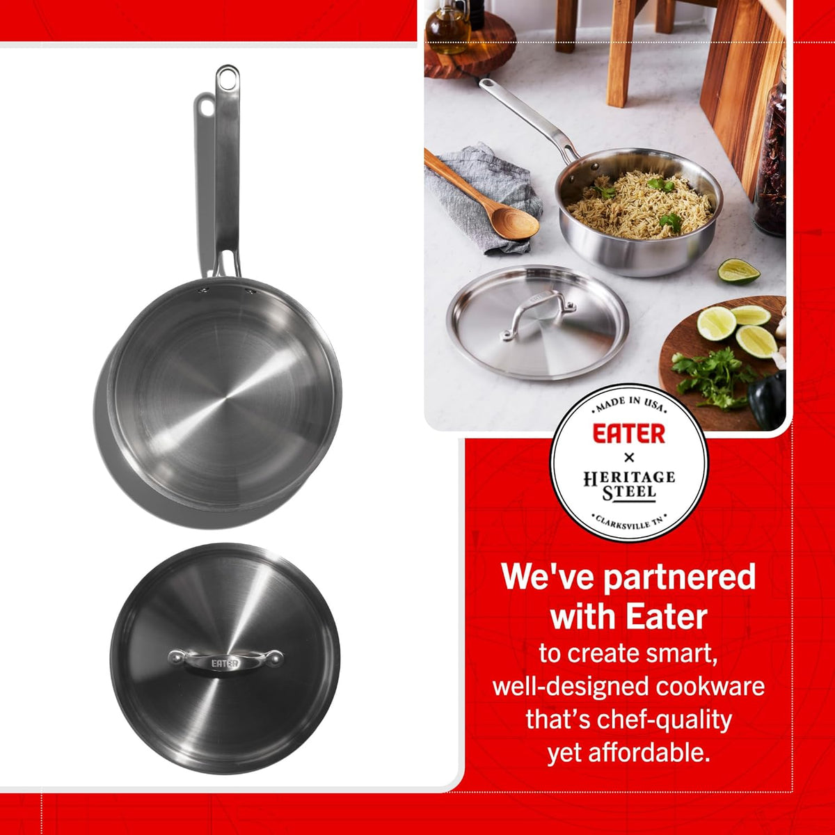 Heritage Steel x Eater 3 Quart Saucier with Lid | Made in USA | 5-Ply Fully Clad Stainless Steel Pan | Stay Cool Handle Design | Induction Capable & Non-Toxic Cookware