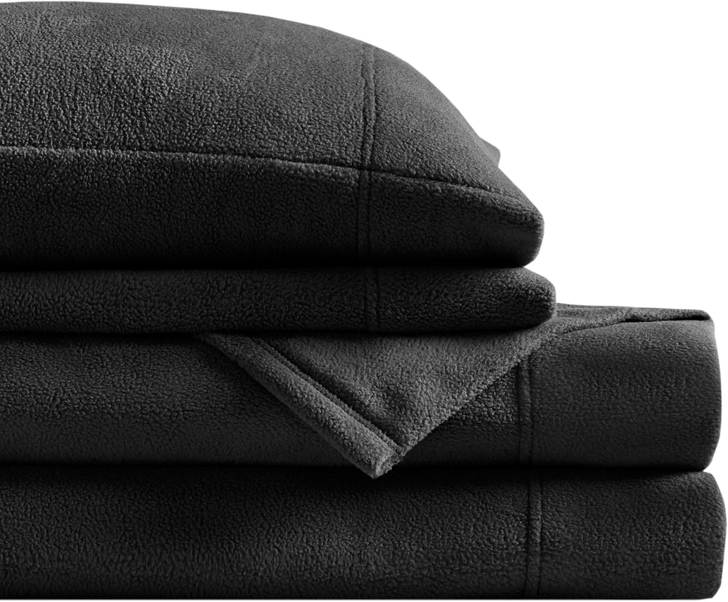 True North by Sleep Philosophy Micro Fleece Bed Sheet Set, Warm, Sheets with 14' Deep Pocket, for Cold Season Cozy Sheet-Set, Matching Pillow Case, Cal King, Black, 4 Piece