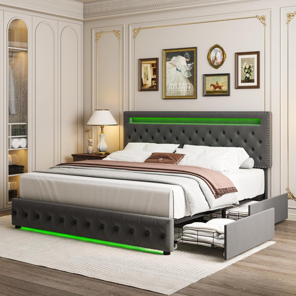 King LED Bed Frame with 4 Drawers, Platform Bed with Headboard, Adjustable Upholstered Diamond Headboard and Frame, No Box Spring Needed, Wooden Slats Support,Velvet Gray