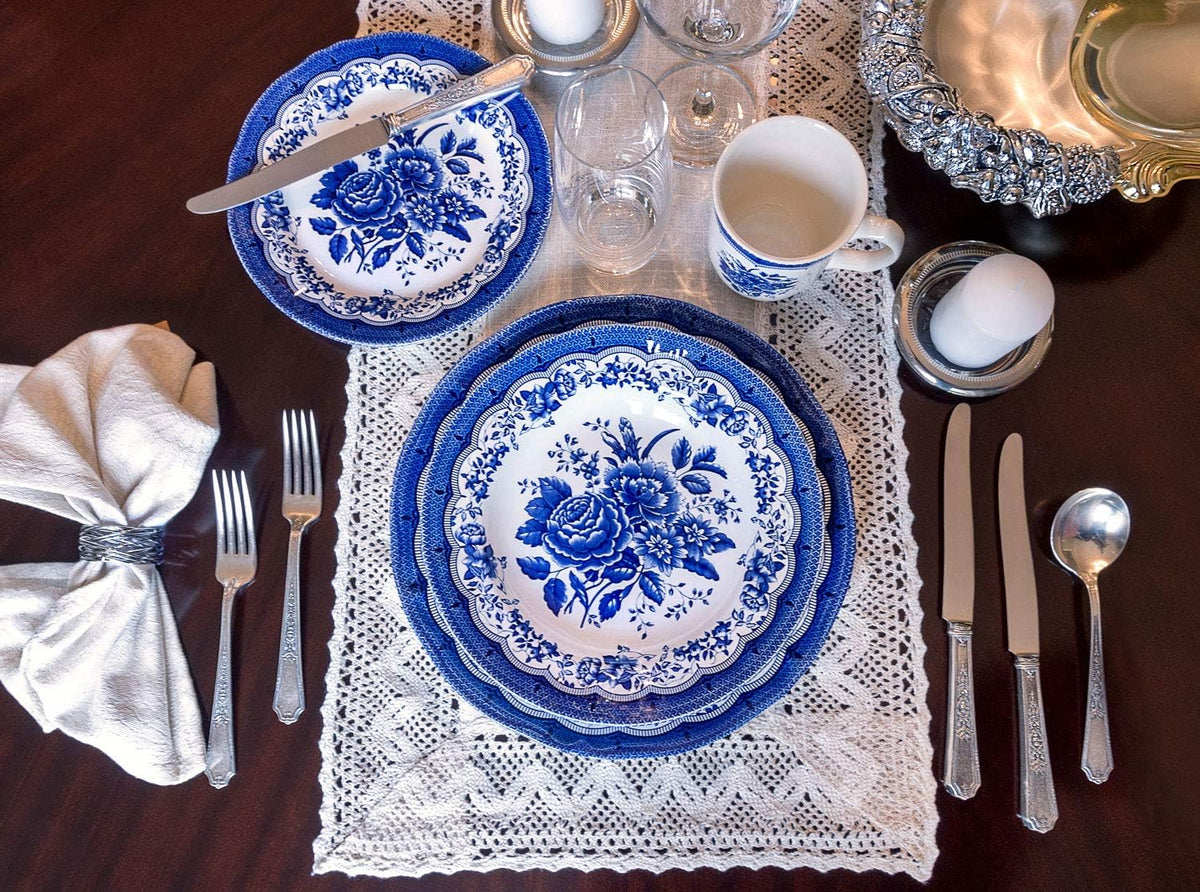 Tudor Royal 30-Piece Porcelain Round Dinnerware Set, Service for 6, Victoria Blue Design, Blue Floral, Plates Bowls Mugs Dishes Saucers, Glossy, Premium Quality Tableware, Unique Pattern
