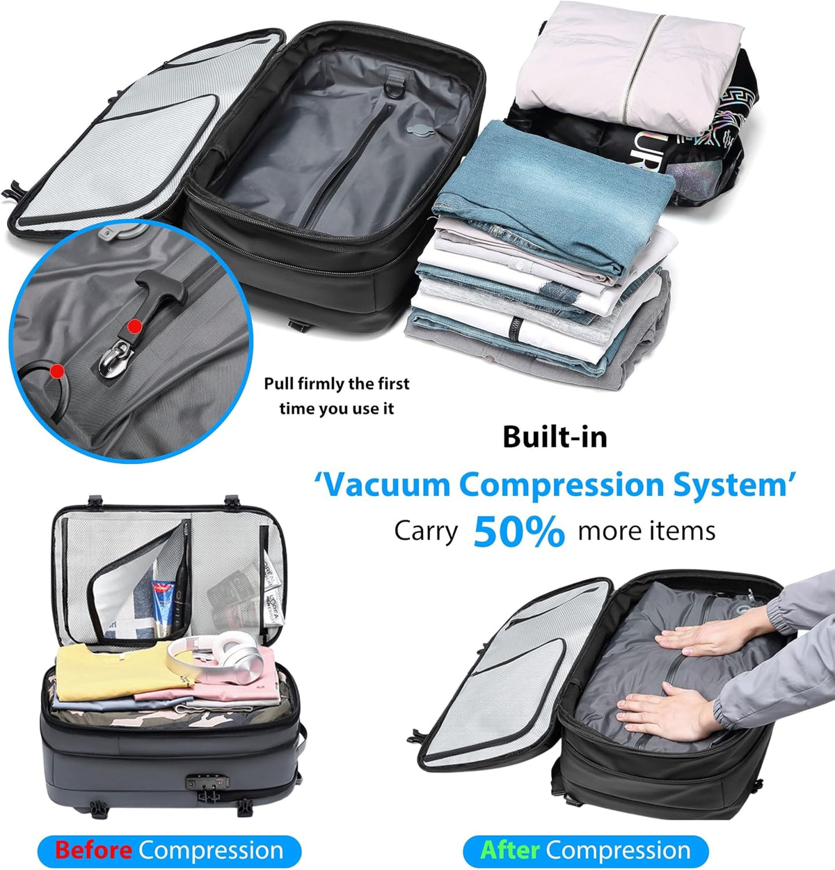 Vacuum Backpack Travel with Pump, 60L Expandable Airbag Travel Backpack, Travel Backpack with Vacuum System, TSA Lock, USB Charging Port, Water Resistant