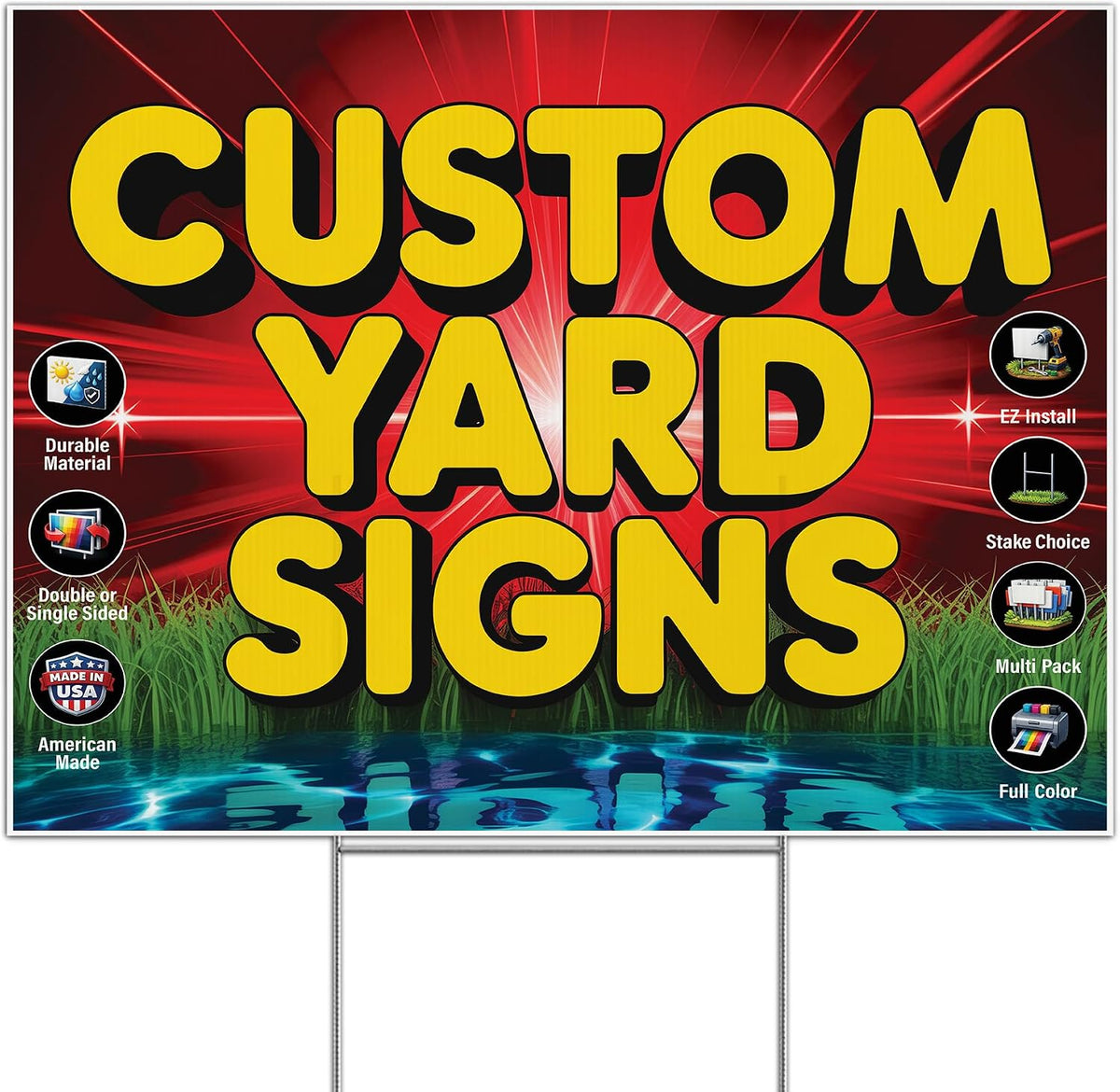 50 Pack of 24x18 inch Custom Yard Signs, Double and Single Sided Print, Metal H-Stakes, Durable 4mm Coroplast, Personalized Full Color Printing (50pk)