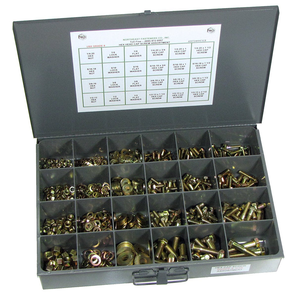 NEF Grade 8 Nut Bolt Washer Assortment, Hex Head Cap Screws, Flat and Lock Washers, Hex Nuts, Coarse Thread, Set of 1025 Fasteners