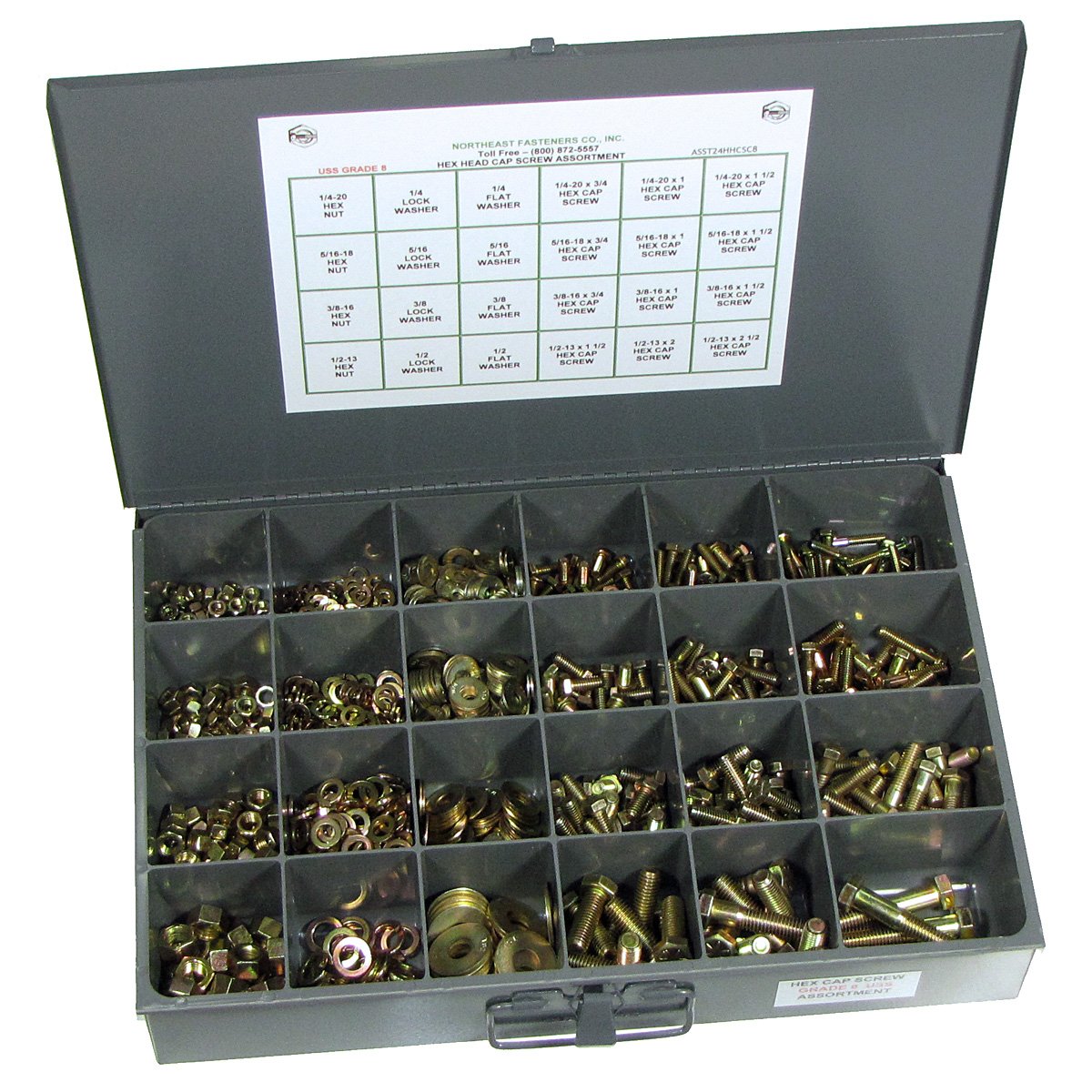 NEF Grade 8 Nut Bolt Washer Assortment, Hex Head Cap Screws, Flat and Lock Washers, Hex Nuts, Coarse Thread, Set of 1025 Fasteners