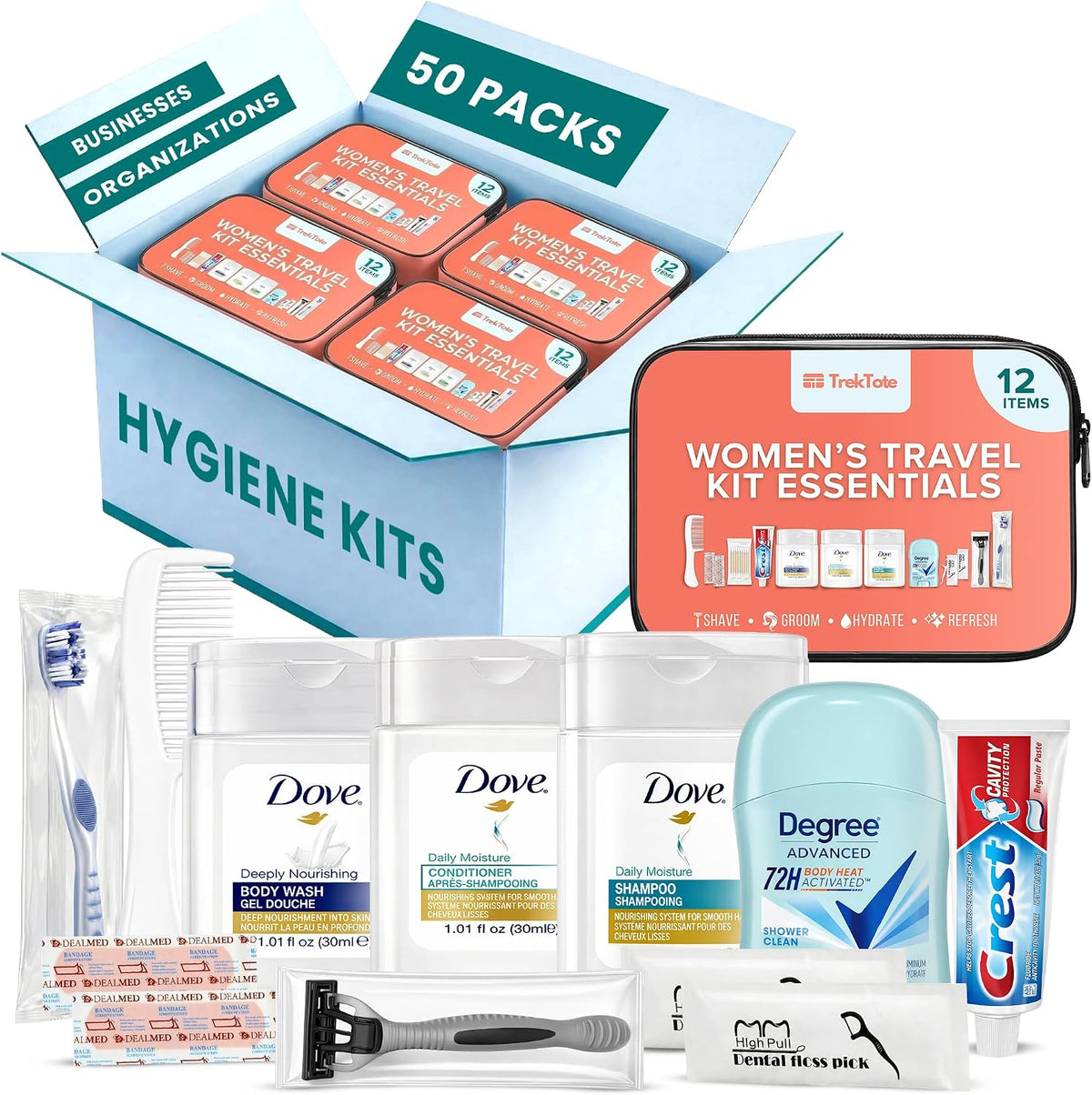 Women's 12 Piece Travel Hygiene Kit, Travel Size Toiletries Set with Cosmetic Bag, Carry On Essentials for Flights, Weekend Overnight Stay, Emergency Kit (50 Pack)