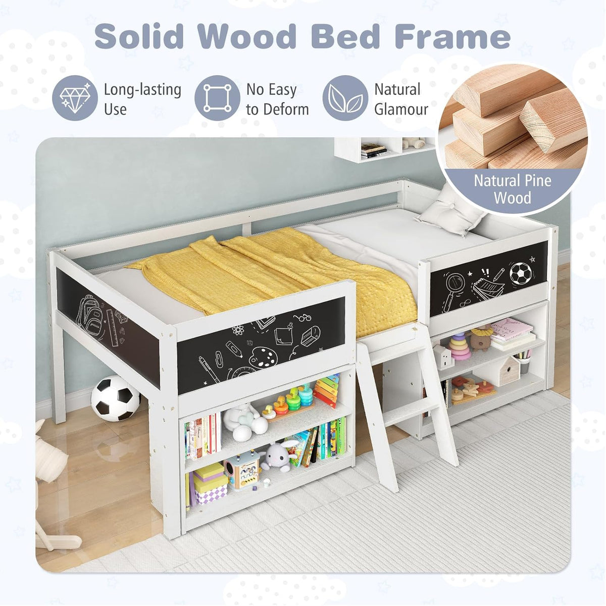 Giantex Low Loft Bed Twin Size, Wooden Loft Bed with Ladder & Blackboard, Twin Bed Frames for Kids with Storage 2 Bookcases and Play Space, White