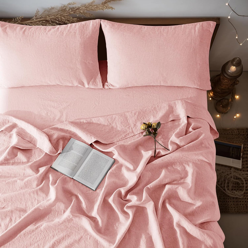 LBRO2M 100% Pure Linen Sheet Set Deep Pocket Up to 16' Bed Sheets Sets, Natural Flax Beddings Soft, Breathable, Comfortable for All Seasons 4 Pcs Sheet Set Queen Size, Blush Pink