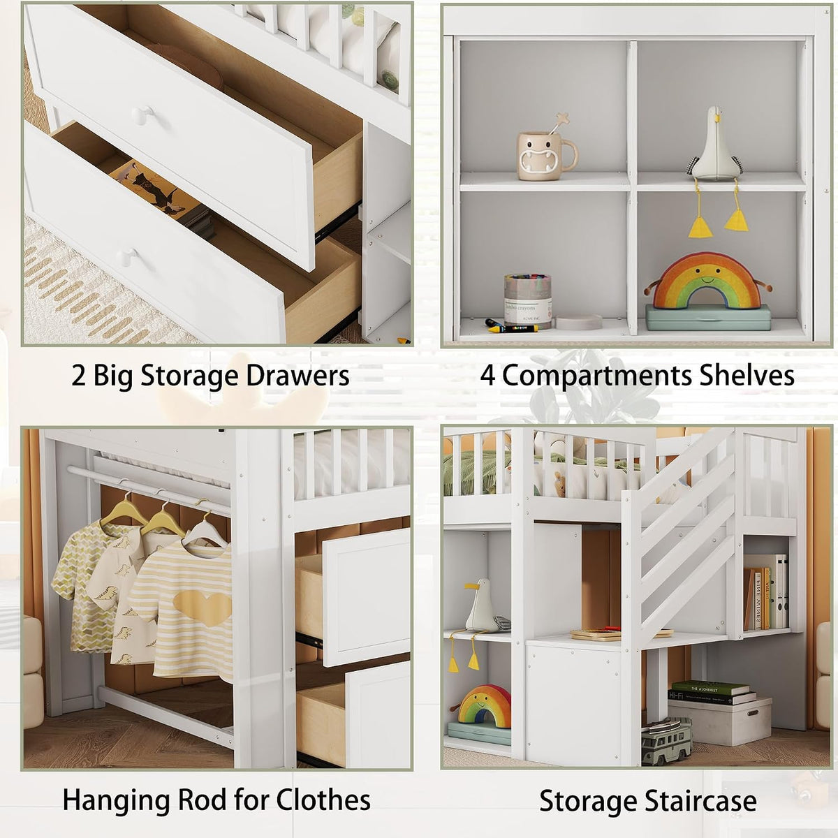 Low Loft Bed with LED Lights and Bookshelf, Wooden Kids Loft Bed with Stairs and Safety Guardrail, Low Loft Bed Twin with 2 Storage Drawers and Shelves for Girls Boys ,No Box Spring Needed, White