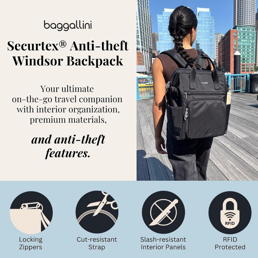 Baggallini Securtex Anti-Theft Windsor Backpack for Travel, Work & College, RFID & Locking Zipper, Up to 16' Laptop