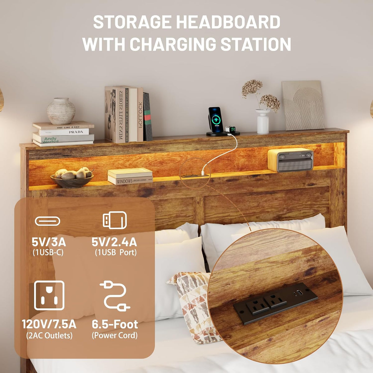 Wooden Bed Frame King Size with Storage Headboard, Rustic Platform Bedframe with LED Lights & Charging Station, Metal Slats Support, Noise-Free, No Box Spring Needed, Brown