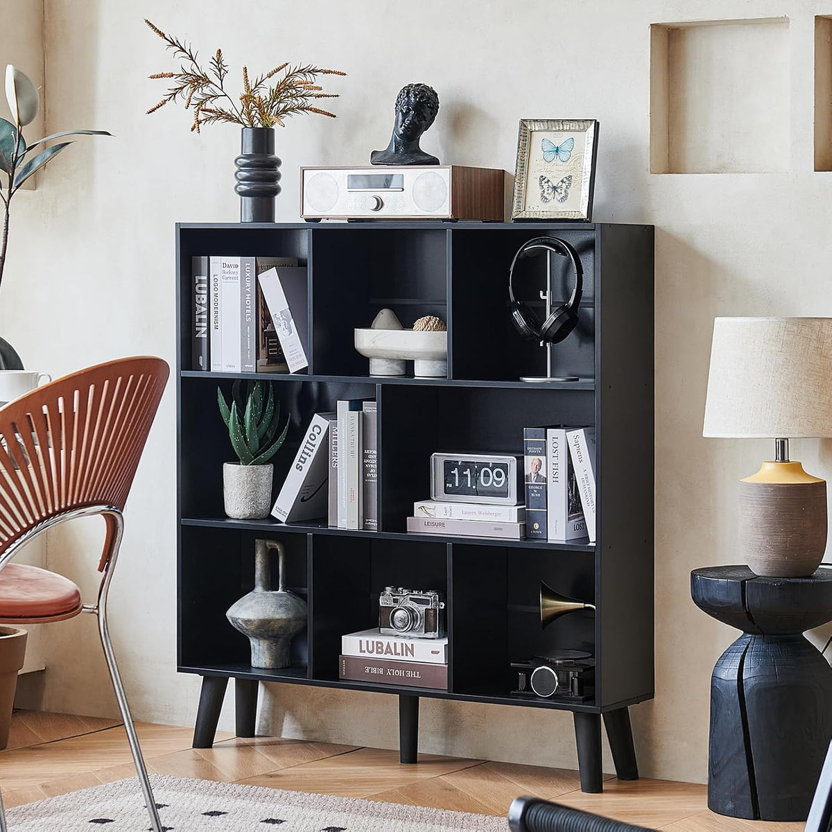 LEYAOYAO 8 Cube Bookshelf,3 Tier Bookcase with Legs,Black Mid-Century Modern Bookshelves,Large Open Storage Organizer Shelf, Wooden Book Case