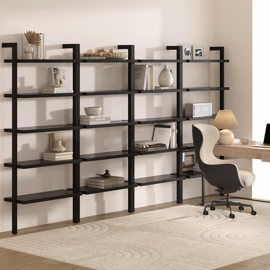 Nathan James Beacon Bohemian 5 Tier Bookshelf, Wall Mounted Bookcase, Solid Wood Bookshelf in Black Oak, Set of 4