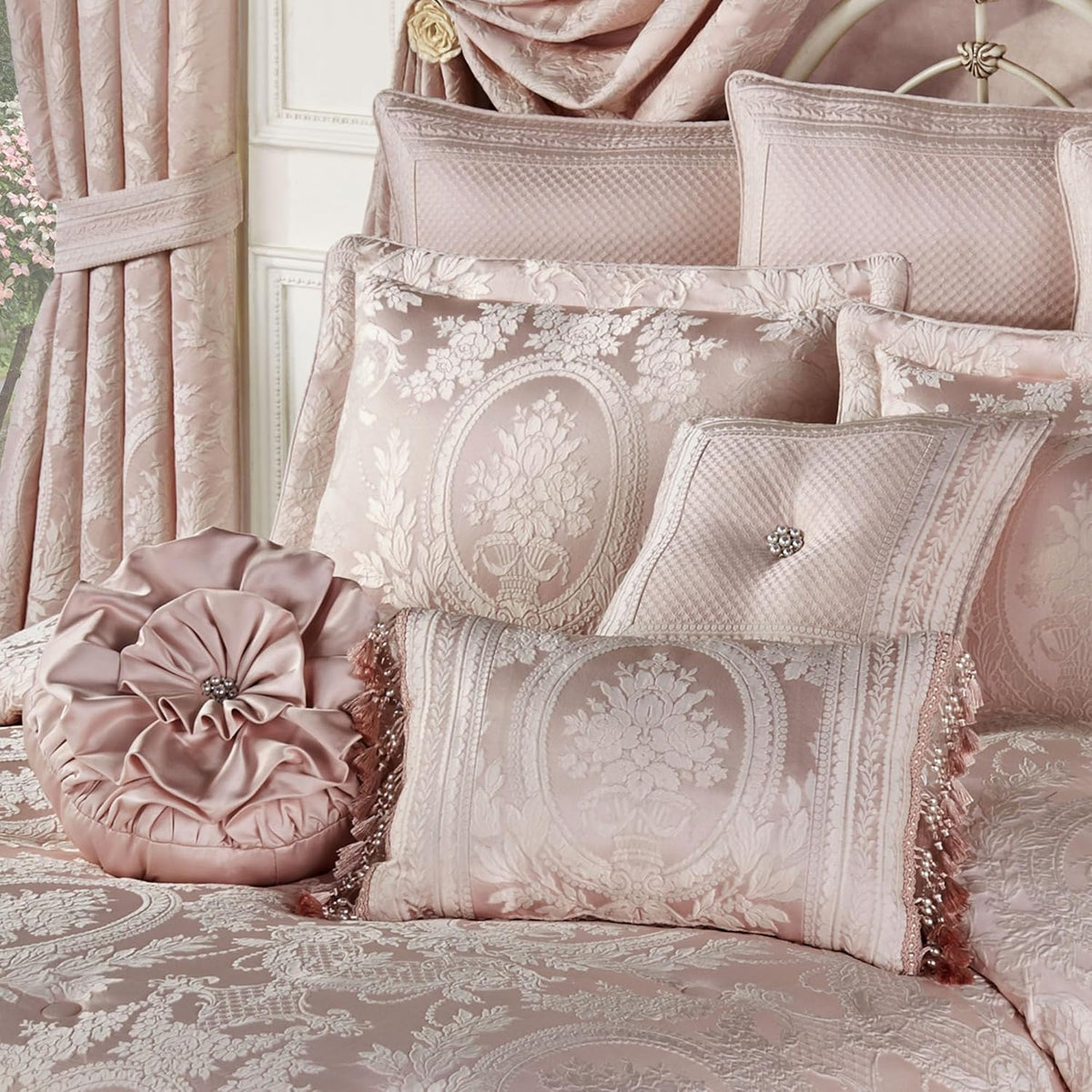Marquessa Luxury Bedding | Soft Pearl and Pastel Blush Pink Hues | Puff Jacquard-Woven Traditional Floral Bouquets | 7 Pc Bed Set: Cal King Comforter, Bedskirt, 2 King Shams, and 3 Decorative Pillows