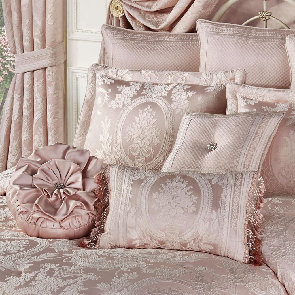 Marquessa Luxury Bedding | Soft Pearl and Pastel Blush Pink | Puff Jacquard-Woven | 11 Pc Bed Set: Cal King Comforter, Bedskirt, 2 King Shams, 2 Euro Shams, 2 Euro Pillow Inserts, and 3 Accent Pillows