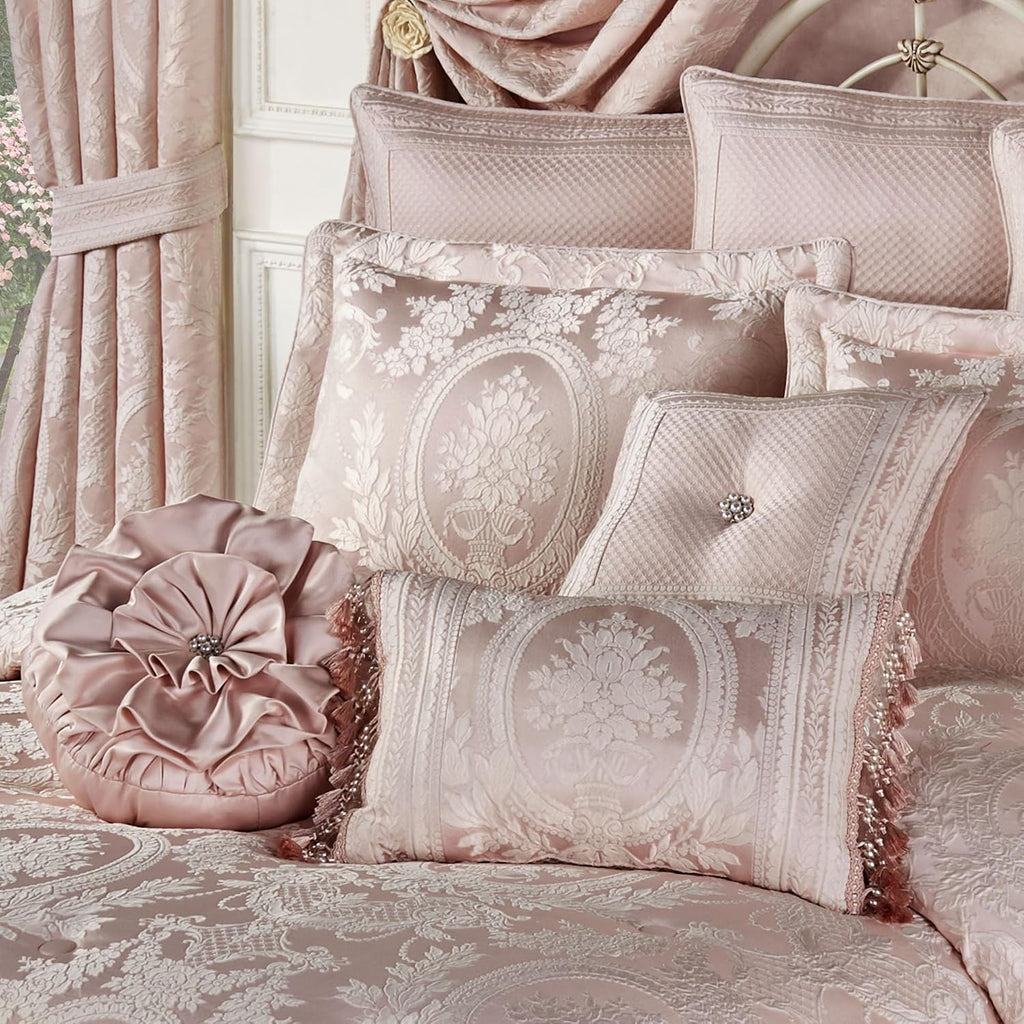 Marquessa Luxury Bedding | Soft Pearl and Pastel Blush Pink | Puff Jacquard-Woven Traditional Floral Bouquets | 7 Pc Bed Set: Oversized King Comforter, Bedskirt, 2 King Shams, and 3 Decorative Pillows