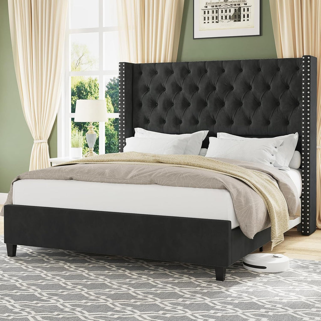 Jocisland Queen Size Bed Frame with 51.6' Wingback Tufted Velvet Headboard, Modern Upholstered Platform Bed, No Box Spring Needed, Easy Assembly, Black