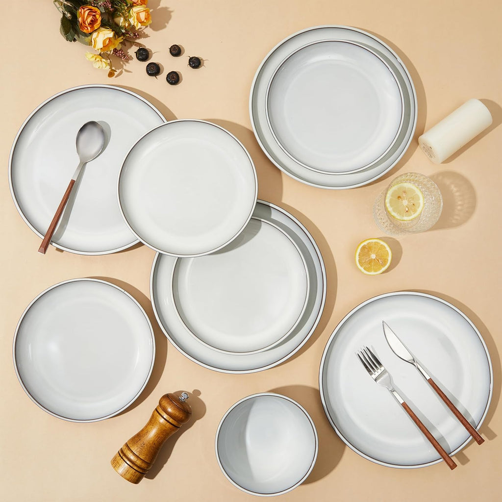 Pokini 24 Piece Stoneware Dinnerware Set for 8, Moonstone White Plates and Bowls Set, Reactive Glaze Ceramic Dish Set, Durable & Chip Resistant, Modern Rustic Look, Microwave & Dishwasher Safe