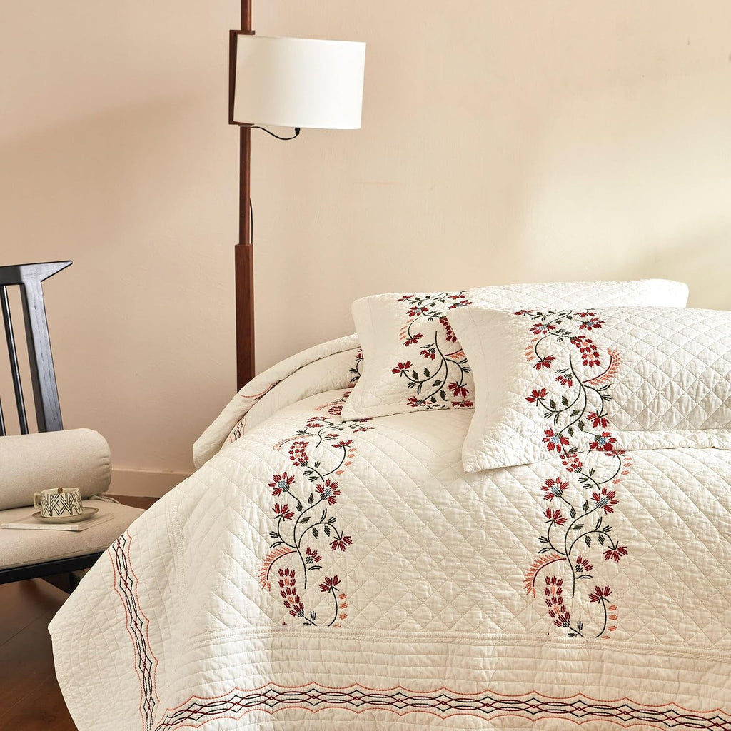 MarCielo 3Pcs Cotton European Folk Embroidered Quilt Bedspread Set Modern Farmhouse Style TC155