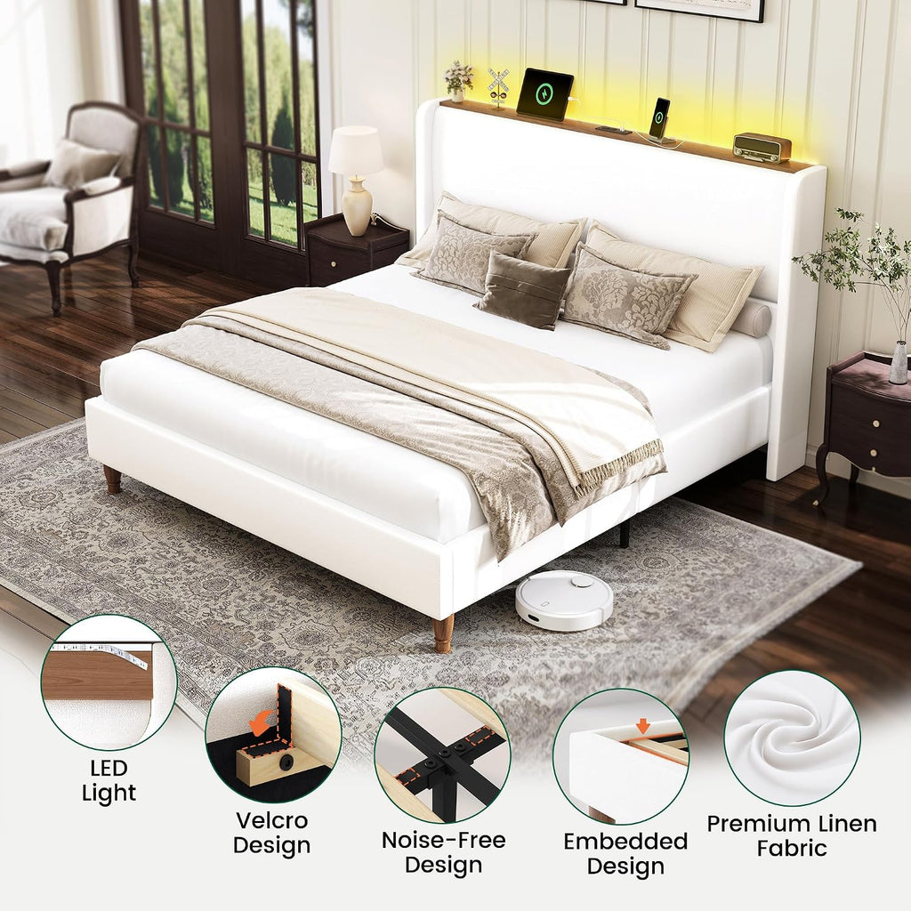 LARMACE King Size Bed Frame with LED Lights and Charging Station Linen Upholstered Platform Bed Frame with 51.2' Tall Wingback Headboard and Storage Shelf, No Box Spring Needed, Easy Assembly, Cream
