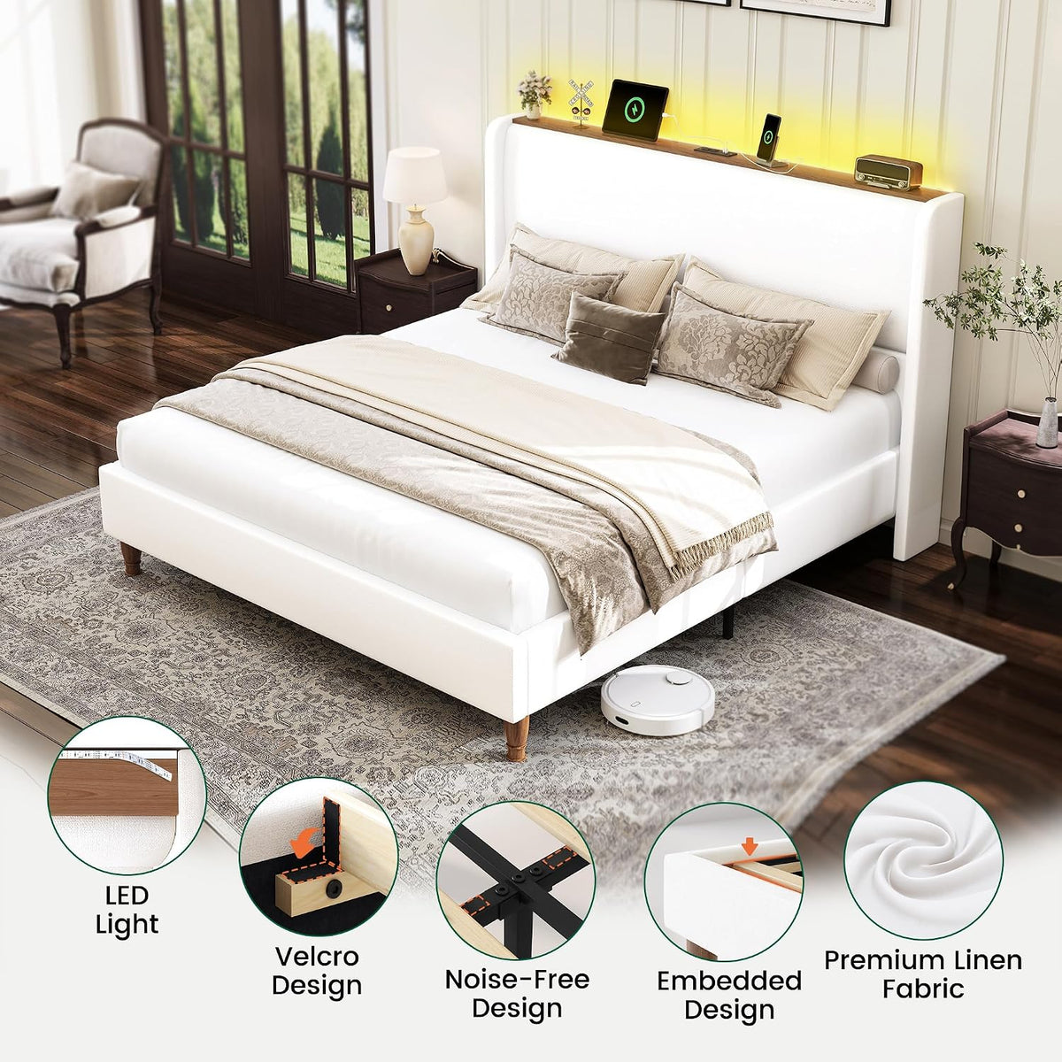 LARMACE King Size Bed Frame with LED Lights and Charging Station Linen Upholstered Platform Bed Frame with 51.2' Tall Wingback Headboard and Storage Shelf, No Box Spring Needed, Easy Assembly, Cream