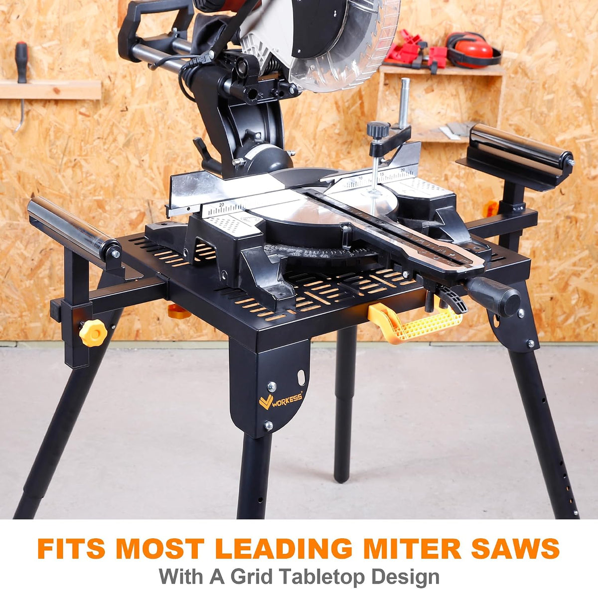 WORKESS Universal Miter Saw Stand with Grid Tabletop 300 lbs Load Capacity 6-Level Height Adjustment Table Saw Stand WK-MS046