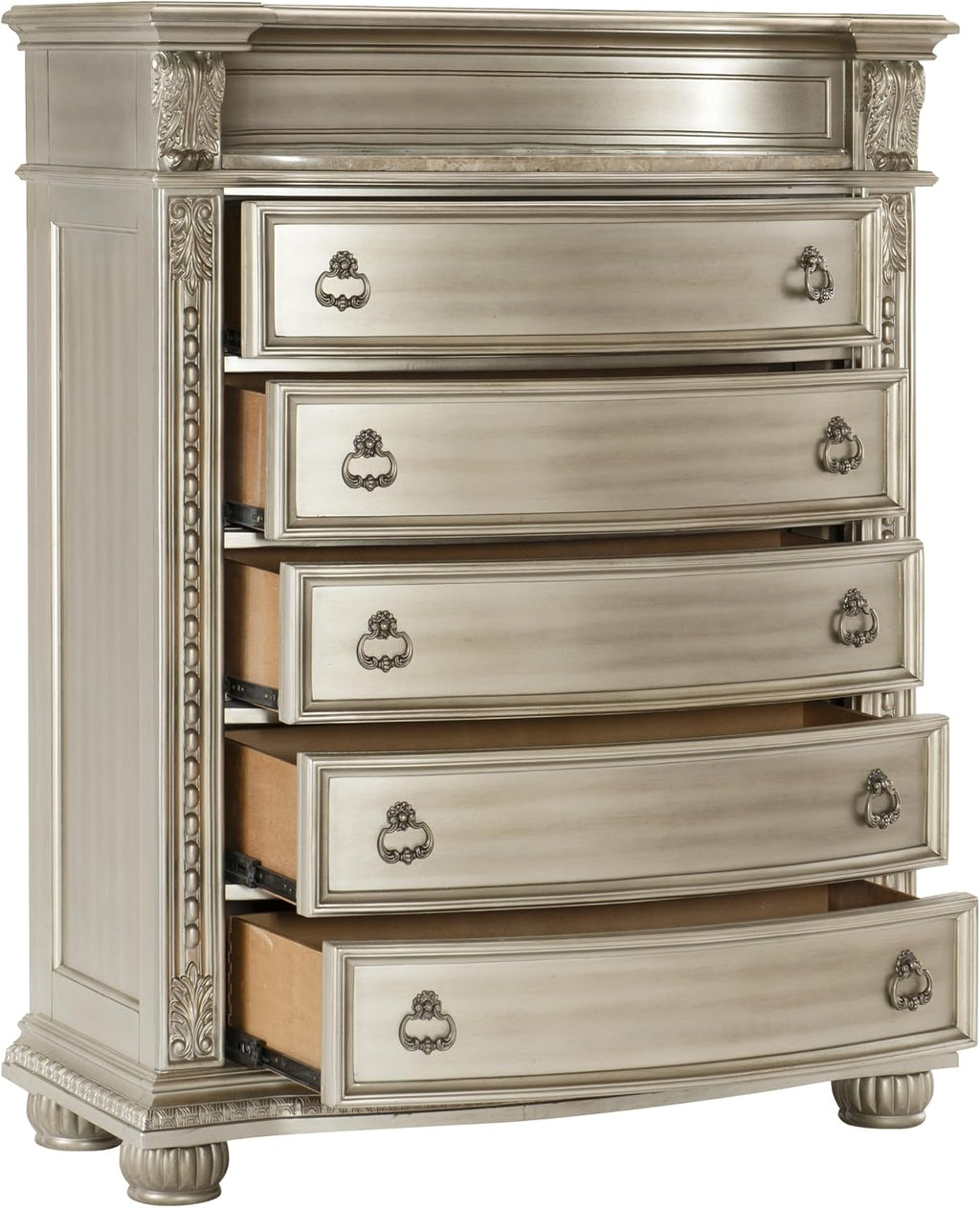 Classic Traditional Bedroom 4pc Set King Size Upholstered Bed Silver Finish Marble Top Formal Wooden Furniture
