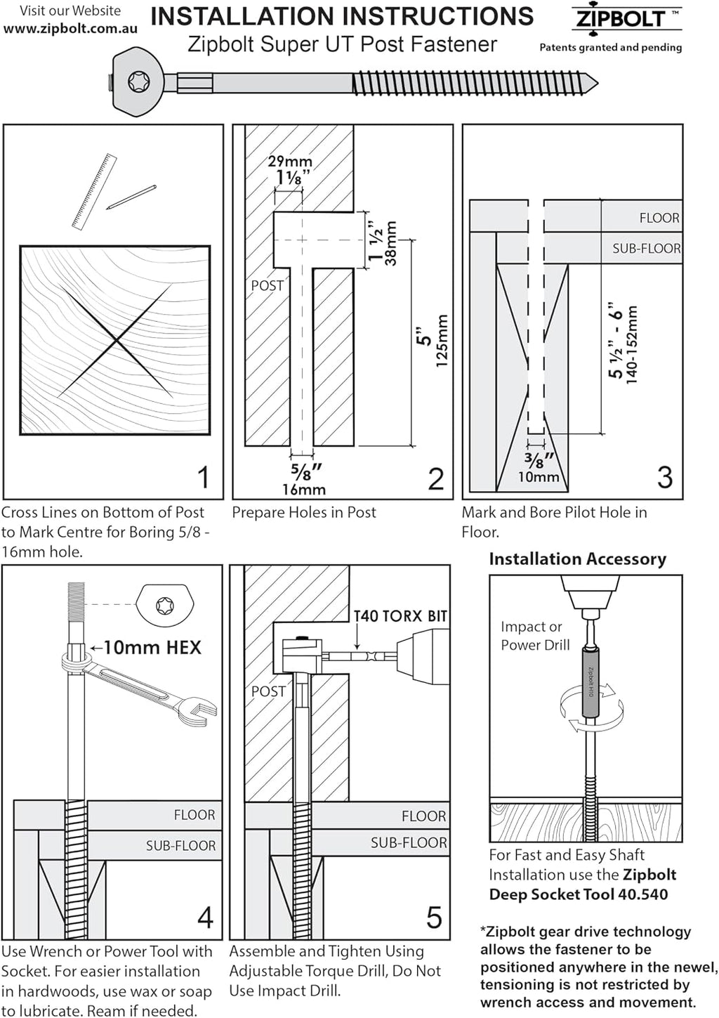 Zipbolt 14.110 Super UT Newel Post Fastener — Quick and Easy Wrench-Free Installation of Staircase Newel Posts, Anchors Post Directly to Wood or Concrete Floor