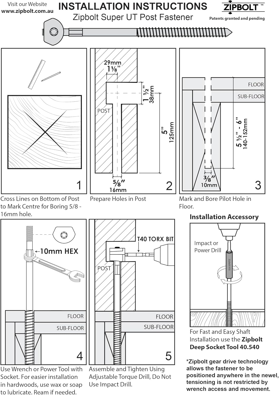 Zipbolt 14.110 Super UT Newel Post Fastener — Quick and Easy Wrench-Free Installation of Staircase Newel Posts, Anchors Post Directly to Wood or Concrete Floor
