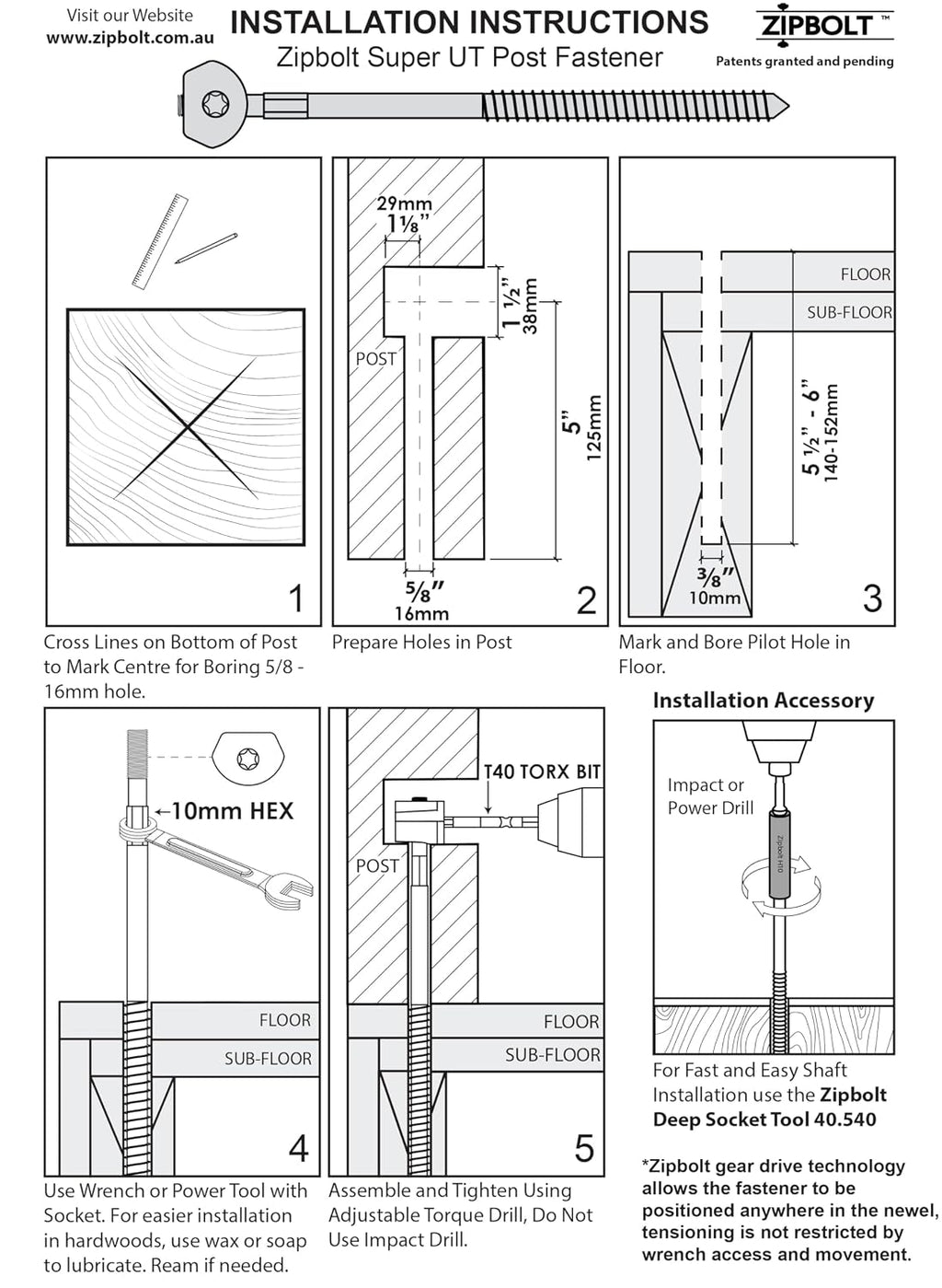 Zipbolt 14.100 Super UT Newel Post Fastener Bulk Pack — Quick and Easy Wrench-Free Installation of Staircase Newel Posts, Anchors Post Directly to Wood or Concrete Floor