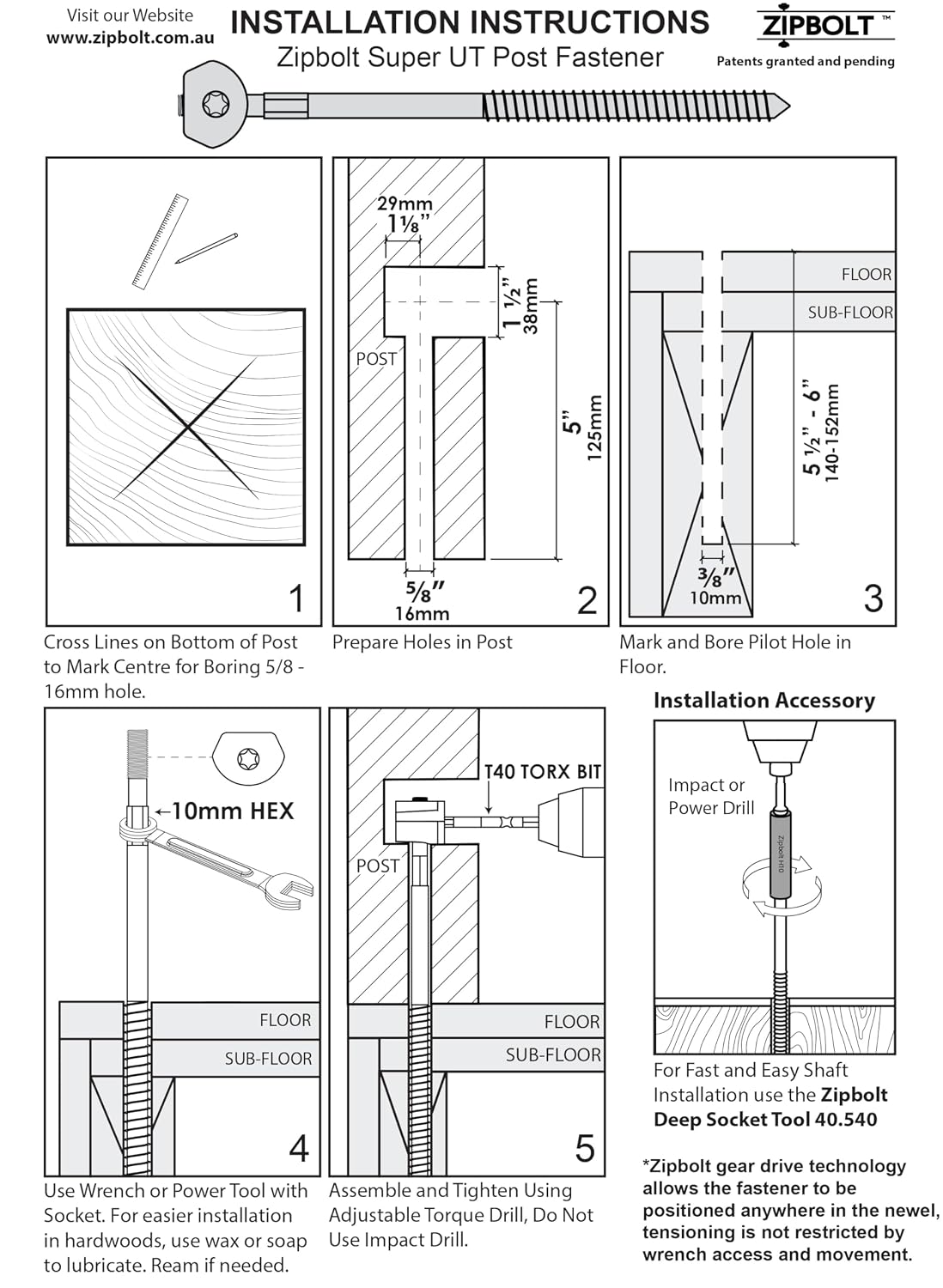 Zipbolt 14.100 Super UT Newel Post Fastener Bulk Pack — Quick and Easy Wrench-Free Installation of Staircase Newel Posts, Anchors Post Directly to Wood or Concrete Floor