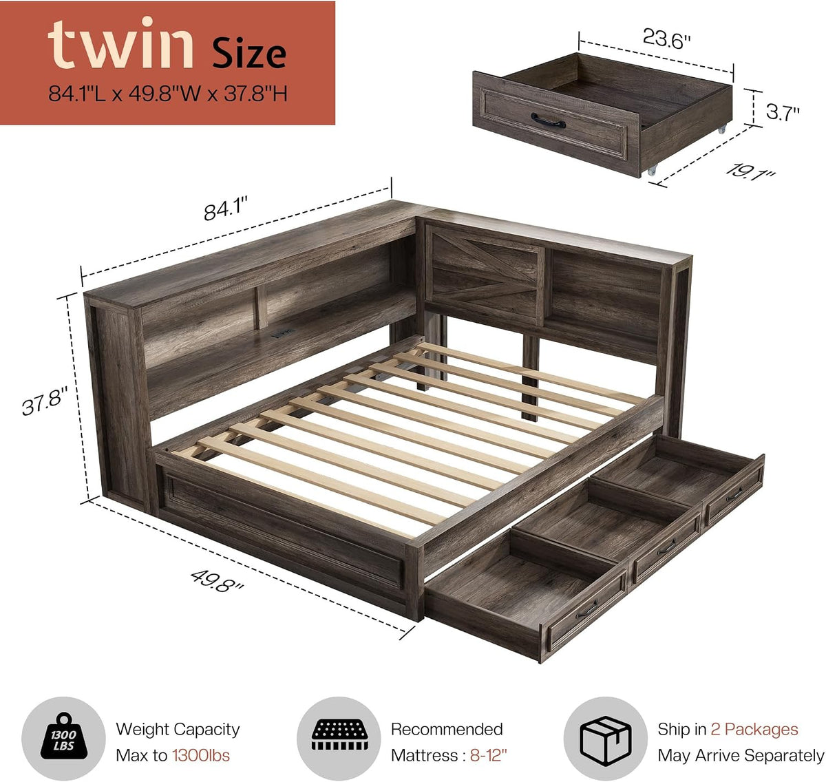 Jocisland Twin Corner Bed Frame with Storage Drawers and Bookcase Headboard, Charging Station and Led Lights, Farmhouse Wood Daybed for Kids Teens, No Box Spring Needed, Grey